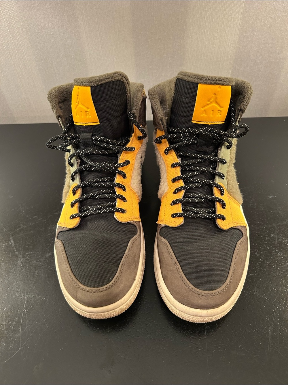 Women’s Air Jordan 1 Retro High Top Sneakers in Black, Yellow & Brown
